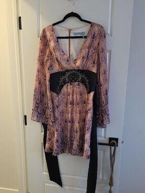 Guess by Marciano Pink Mauve Printed Wrap Dress with Black Beaded Waistband